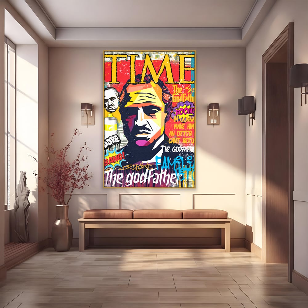Tablou canvas cu tablou canvas portret mafiot stil pop art, in rama de aluminiu auriu